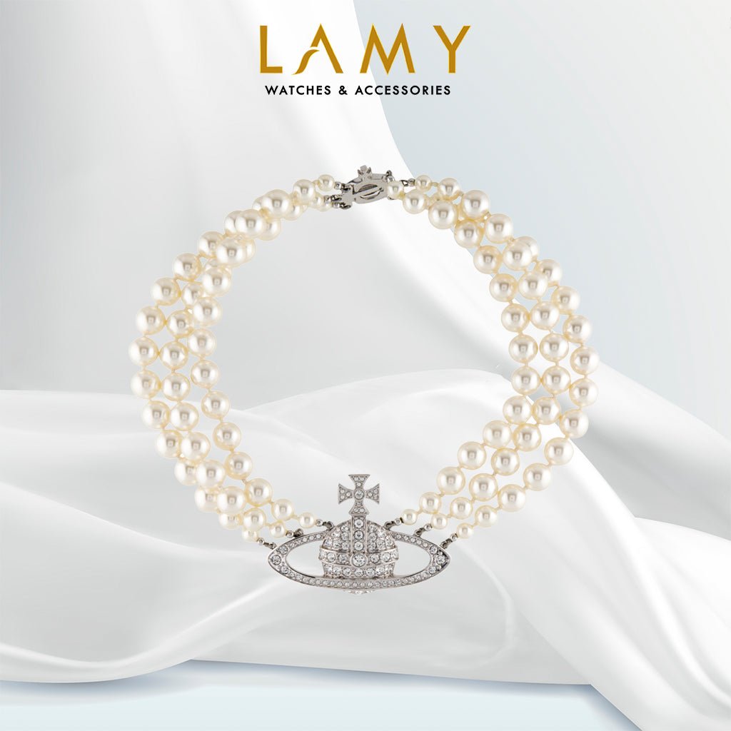 Dây chuyền choker ba hàng ngọc trai và pha lê CDE Bạc CDE6199