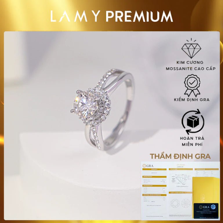 Nhẫn kim cương Moissanite 6mm được chứng nhận GRA CDEDR018 - Sản phẩm được chứng nhận chính hãng